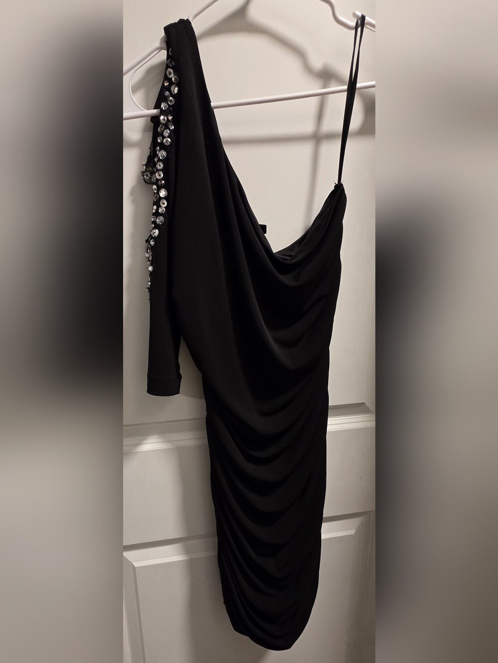 City Triangles Black One-Shoulder Draped Dress with Crystal Sleeve